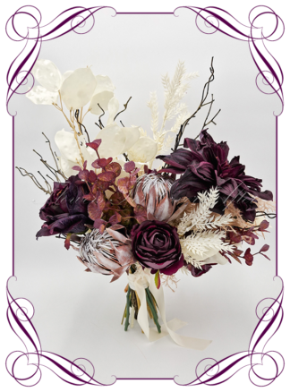 Whimsical romantic silk artificial dark plum purple, brown and ivory white moody style bridal bouquet wedding flowers, including roses, dahlia, peony, protea and dollar gum foliage. Realistic silk flowers, modern whimsical style posy. Made in Melbourne. Shipping world wide, buy online.