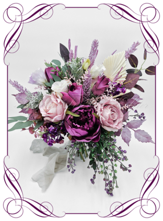 Romantic silk artificial dark plum purple, green and cream moody style bridal bouquet wedding flowers, including roses, lilac, peony, heather, gum foliage. Realistic silk flowers, modern whimsical style posy. Made in Melbourne. Shipping world wide, buy online.