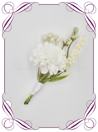 Men's wedding flowers faux silk artificial groom gents wedding formal button boutonniere in white and green. Made in Melbourne Australia