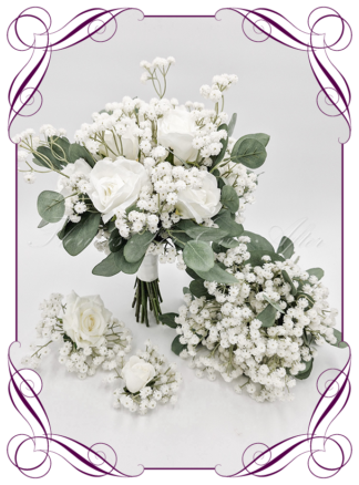 Artificial Bridal flowers in white roses, foliage, and baby's breath. Silk wedding Bouquet posy, featuring faux flowers in a romantic elegant and unusual bridal style, classic white and traditional wedding bouquets. Made in Melbourne by Australia's Best Artificial Bridal Florist. Buy now Online. Worldwide Shipping available