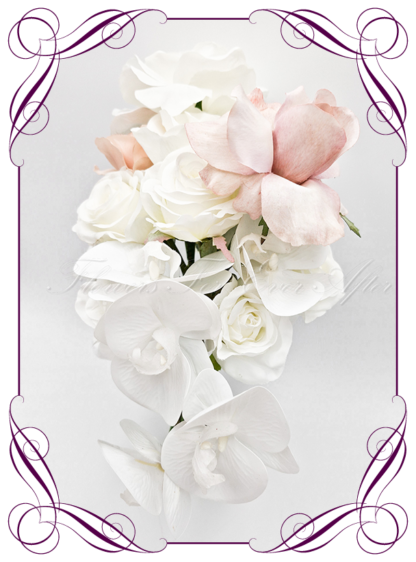 Artificial Bridal flowers in blush and ivory white silk roses. Silk wedding Bouquet posy, featuring faux flowers in a romantic elegant and modern bridal style, classic white and traditional wedding bouquets. Made in Melbourne by Australia's Best Artificial Bridal Florist. Buy now Online. Worldwide Shipping available