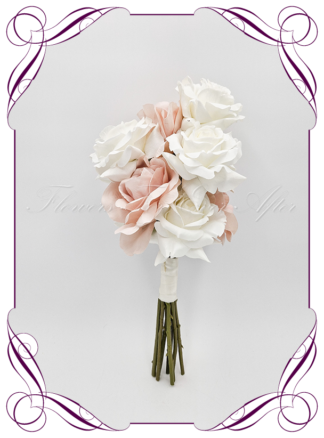 Artificial Bridal flowers in blush and ivory white silk roses. Silk wedding Bouquet posy, featuring faux flowers in a romantic elegant and modern bridal style, classic white and traditional wedding bouquets. Made in Melbourne by Australia's Best Artificial Bridal Florist. Buy now Online. Worldwide Shipping available