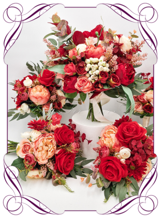 Silk Bridal Bouquet in realistic red, coral, and cream faux flowers. Bridal posy, featuring artificial roses, peony, garden flowers in a romantic vibrant and unusual bridal style modern rustic wedding bouquets. Made in Melbourne by Australia's Best Artificial Bridal Florist. Buy online now. Worldwide Shipping available